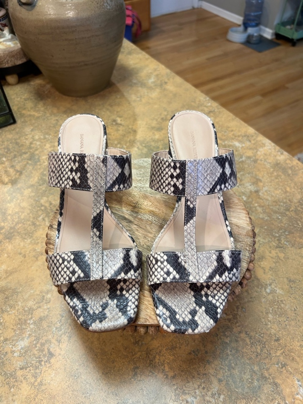 Banana Republic Snake Print T-Strap Mules in Brown , Taupe and Cream